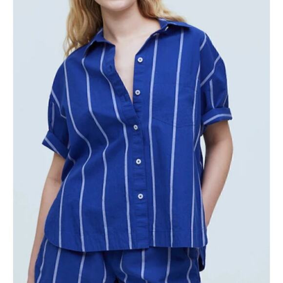 Madewell Signature Poplin Top Striped Oversized Boxy Button Up  Pure Blue NWT S - Picture 1 of 11